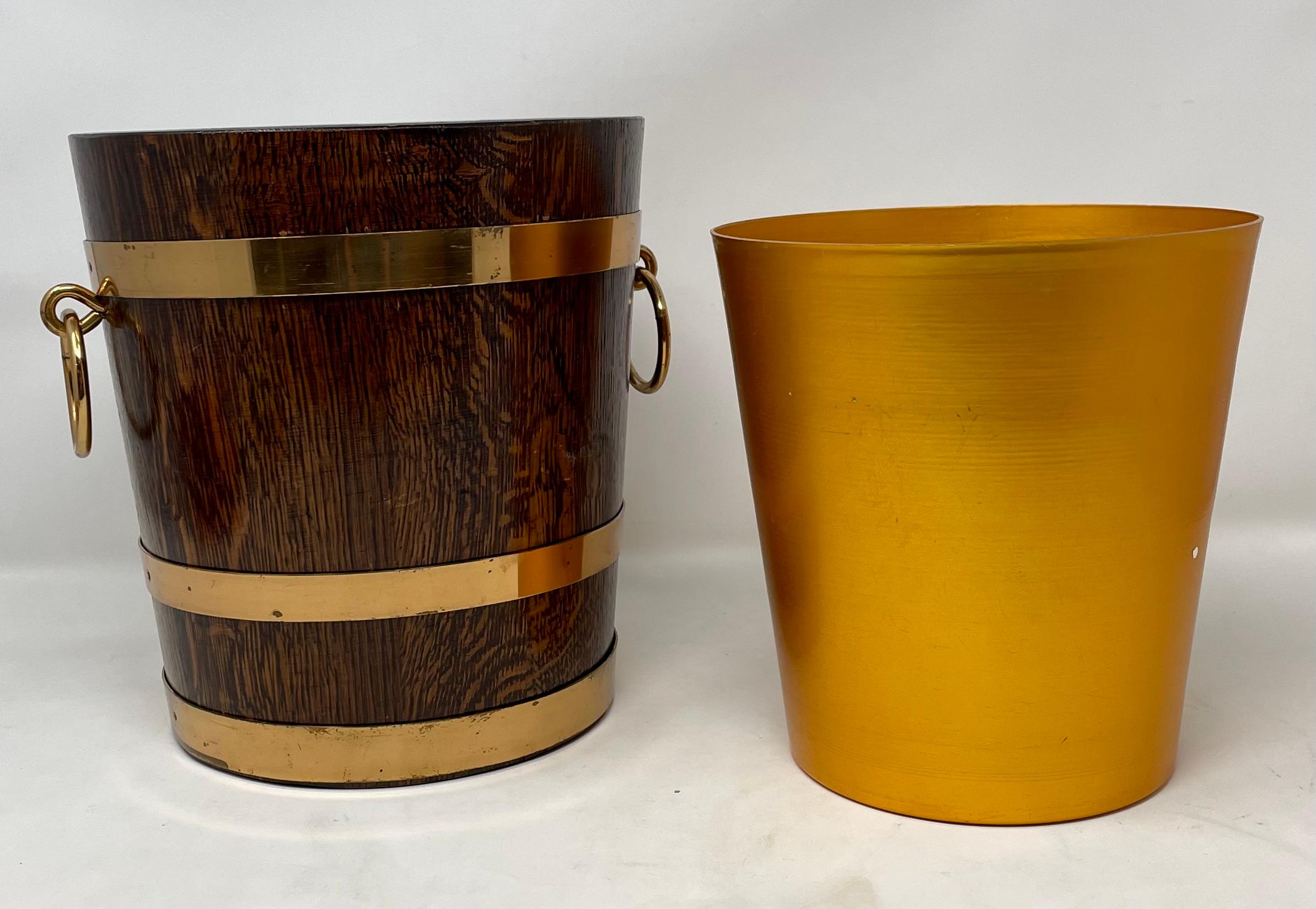 Antique French oak & brass champagne bucket with original liner, signed by maker, circa 1930's.
Wonderful hand-made and hallmarked wine cooler with bronze fittings.