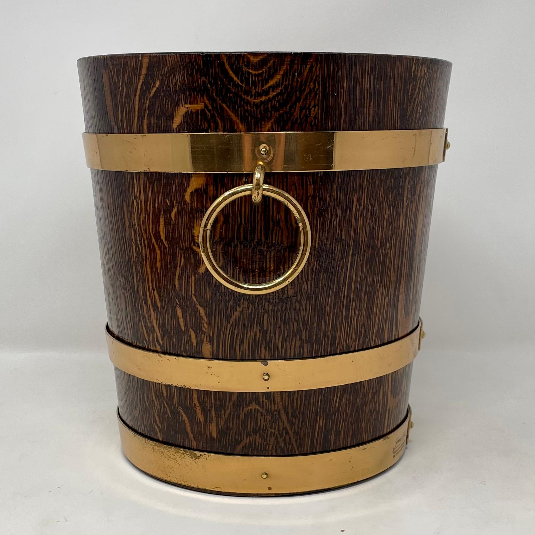 Antique French Oak & Brass Champagne Bucket with Original Liner Signed by Maker. In Good Condition In New Orleans, LA