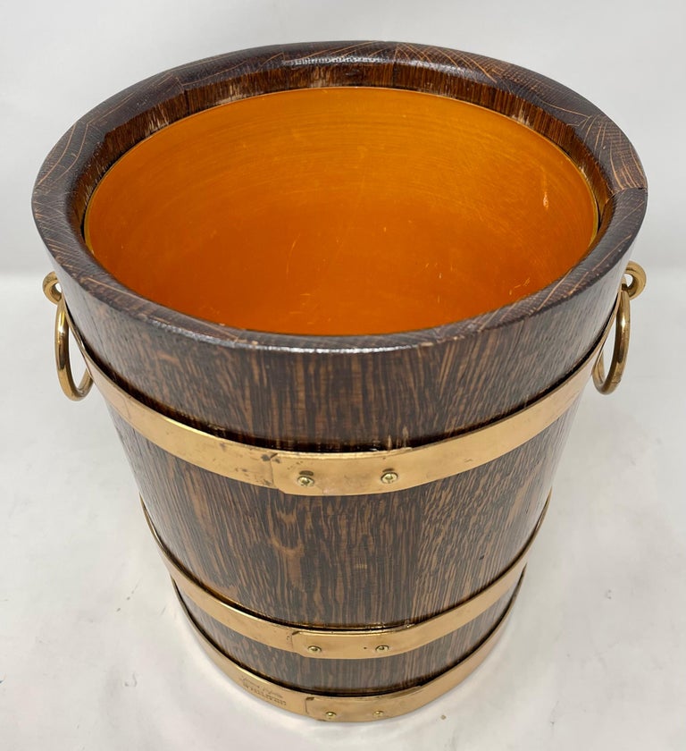 Antique French Oak and Brass Champagne Bucket with Original Liner Signed by Maker. For Sale at