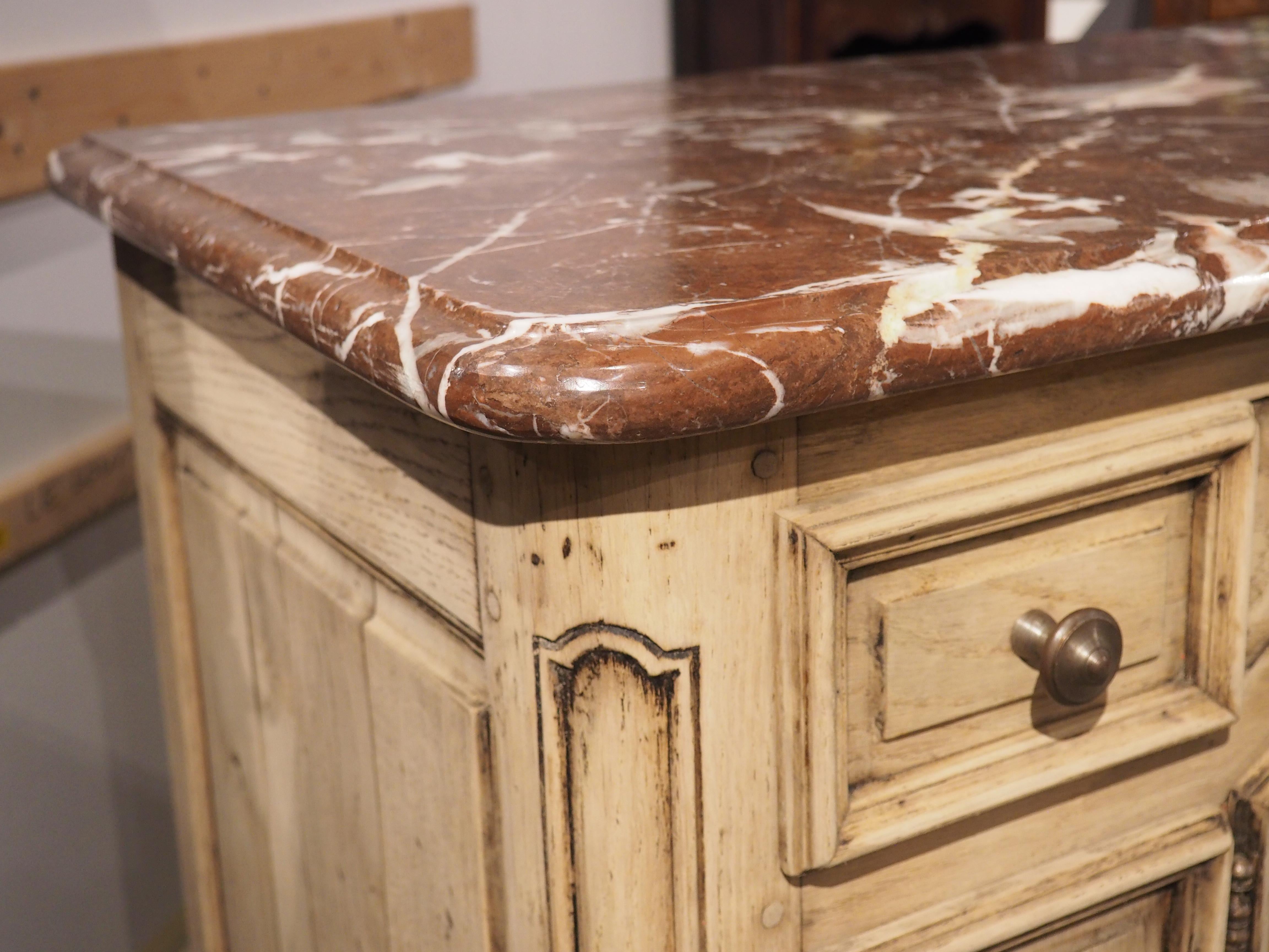 Hand-Carved Antique French Oak Buffet De Chasse with Rouge Du Languedoc Marble Top, C. 1900