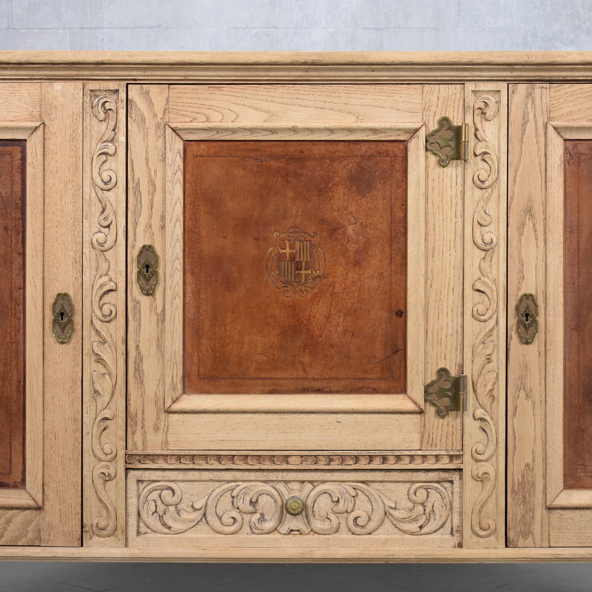 Early 20th Century Antique French Oak Buffet with Bleached Finish and Carved Details For Sale