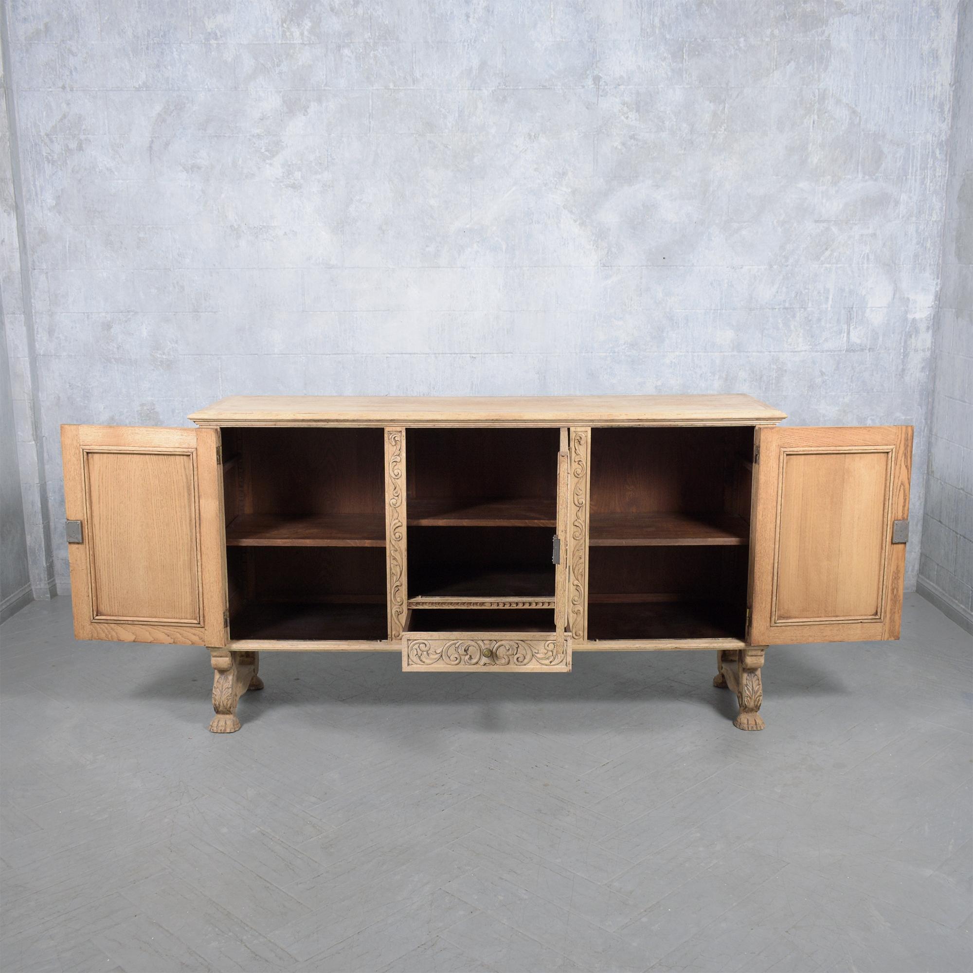 Brass Antique French Oak Buffet with Bleached Finish and Carved Details For Sale