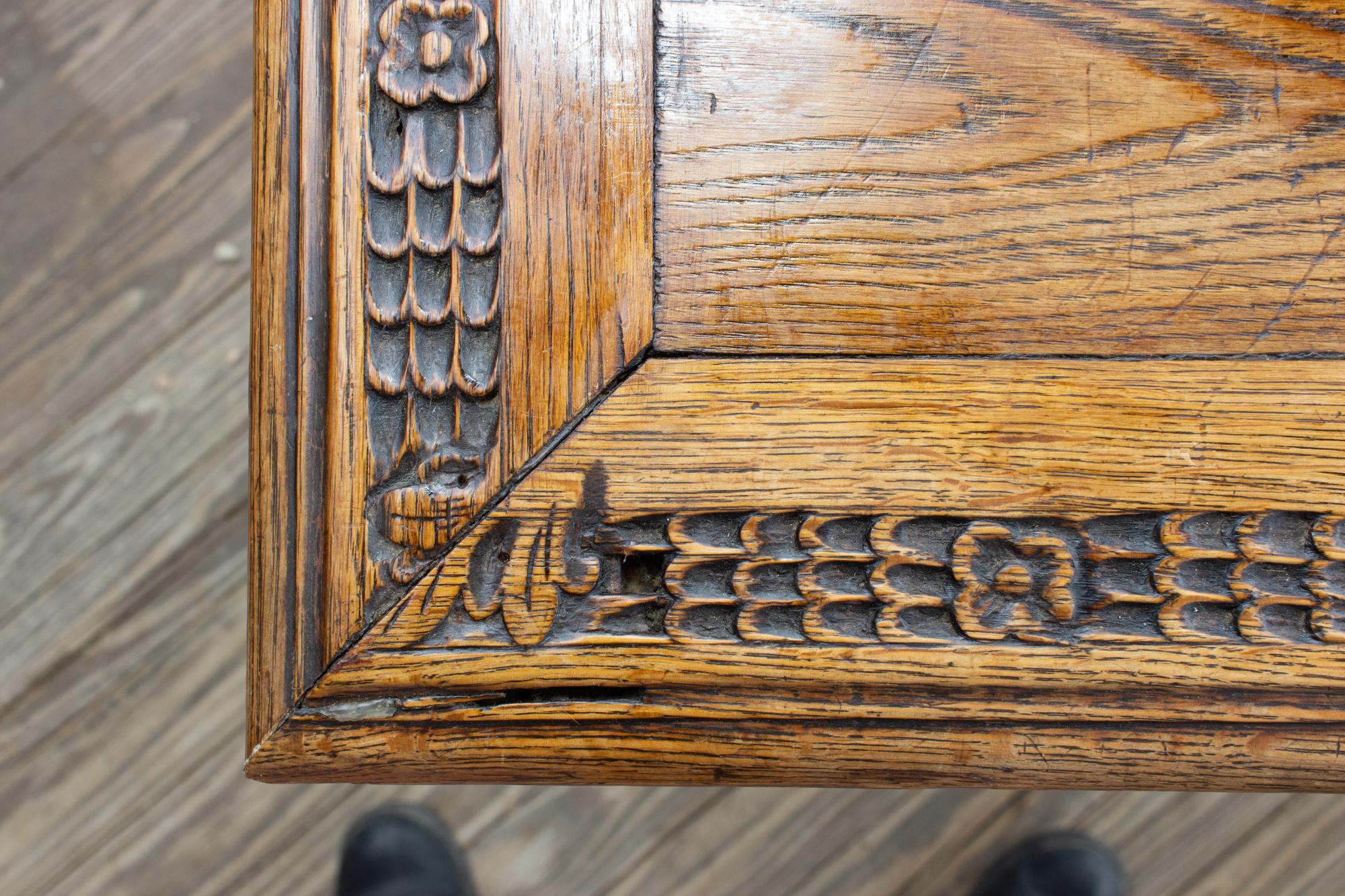 Antique French Oak Carved Gothic Style Writing Desk with Drawer & Iron Hardware 4