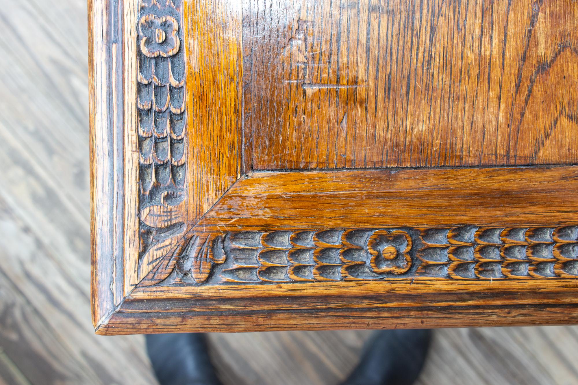Antique French Oak Carved Gothic Style Writing Desk with Drawer & Iron Hardware 5