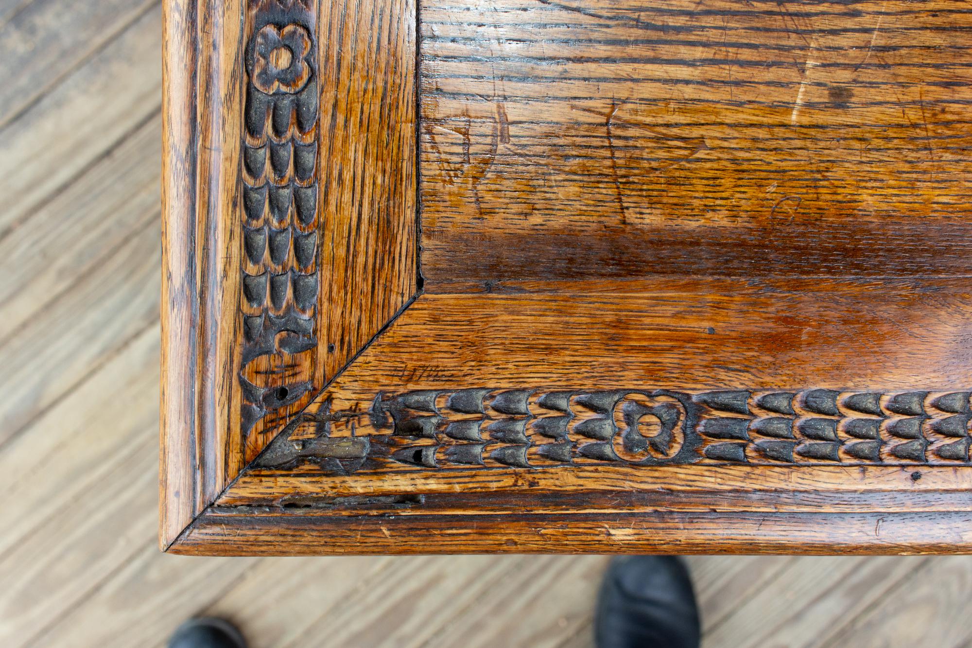 Antique French Oak Carved Gothic Style Writing Desk with Drawer & Iron Hardware 6