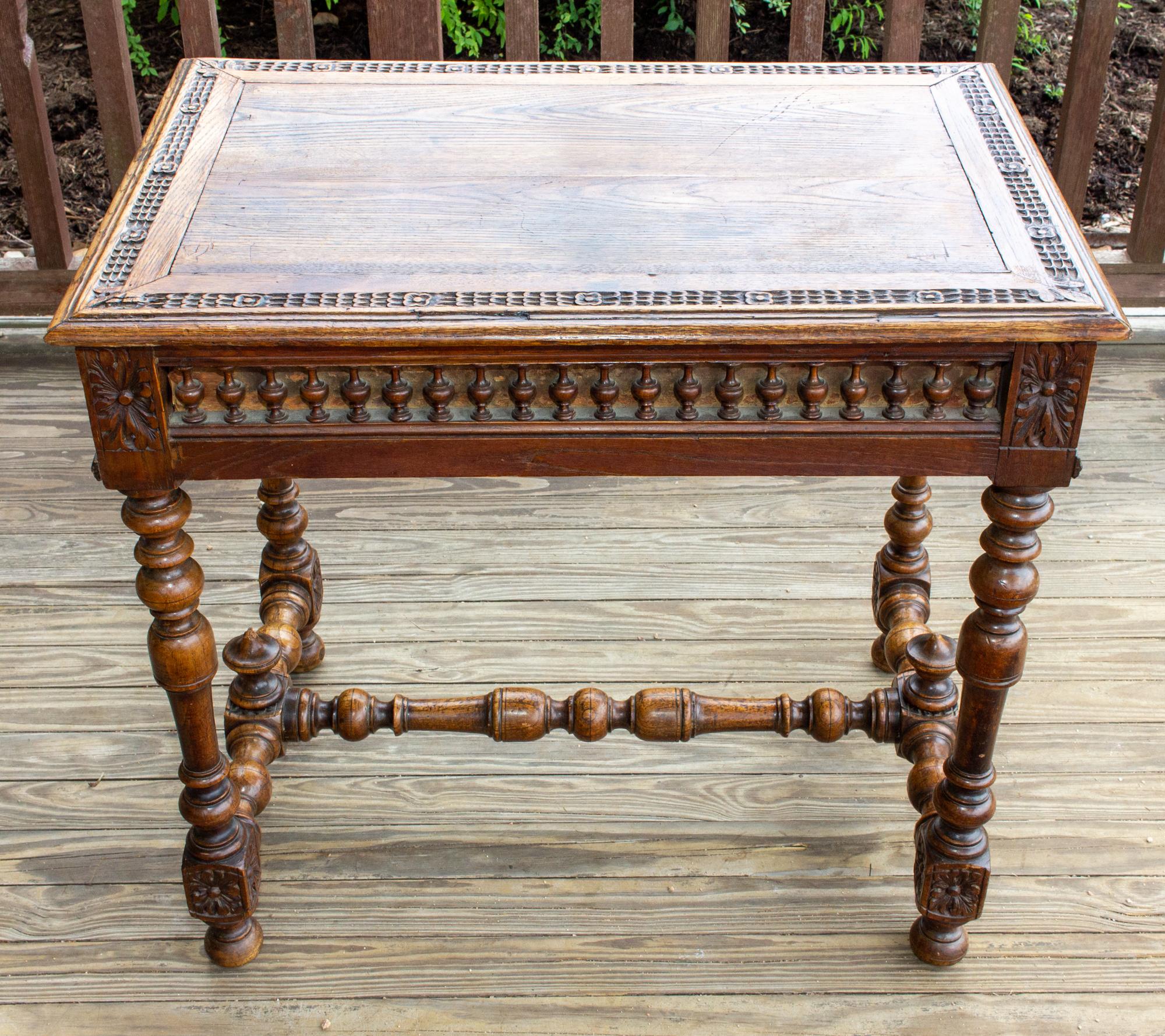 Antique French Oak Carved Gothic Style Writing Desk with Drawer & Iron Hardware 7