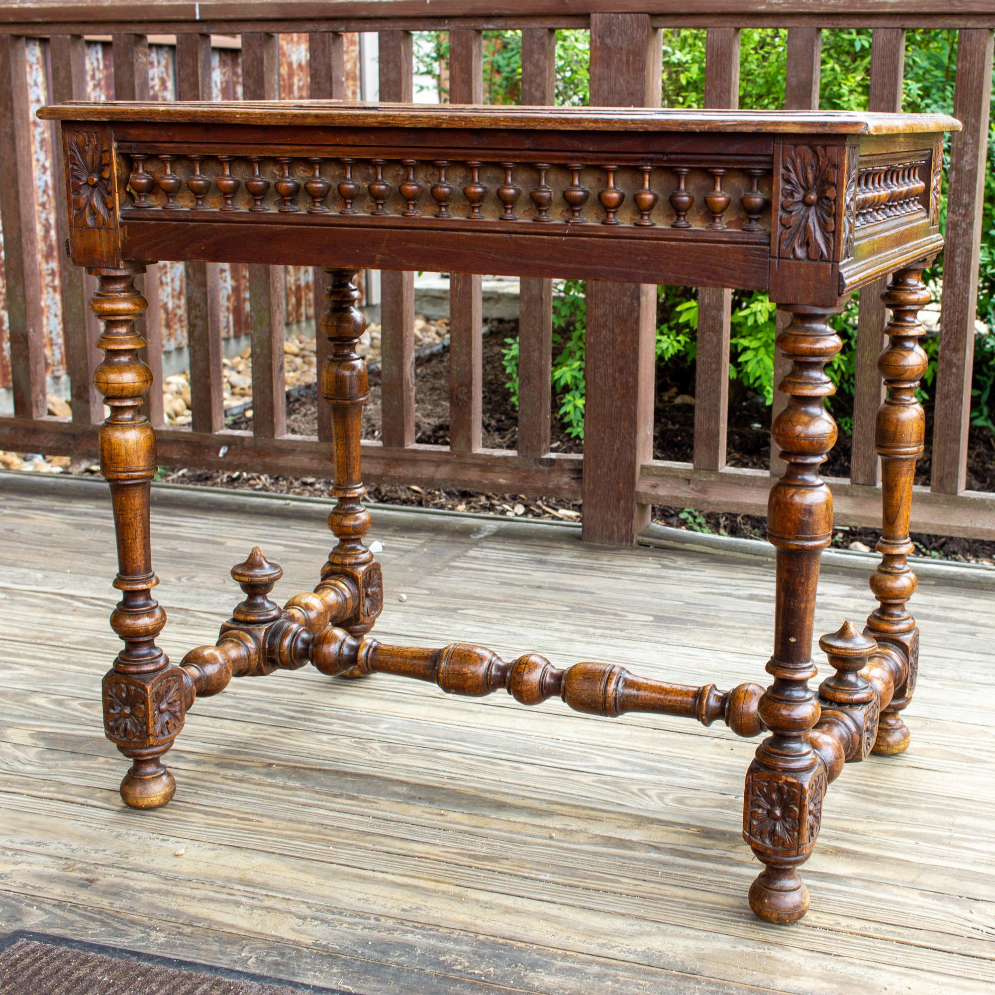 Antique French Oak Carved Gothic Style Writing Desk with Drawer & Iron Hardware 8