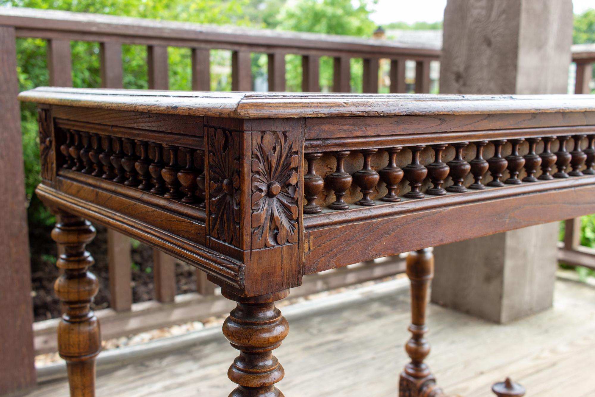 Antique French Oak Carved Gothic Style Writing Desk with Drawer & Iron Hardware 13