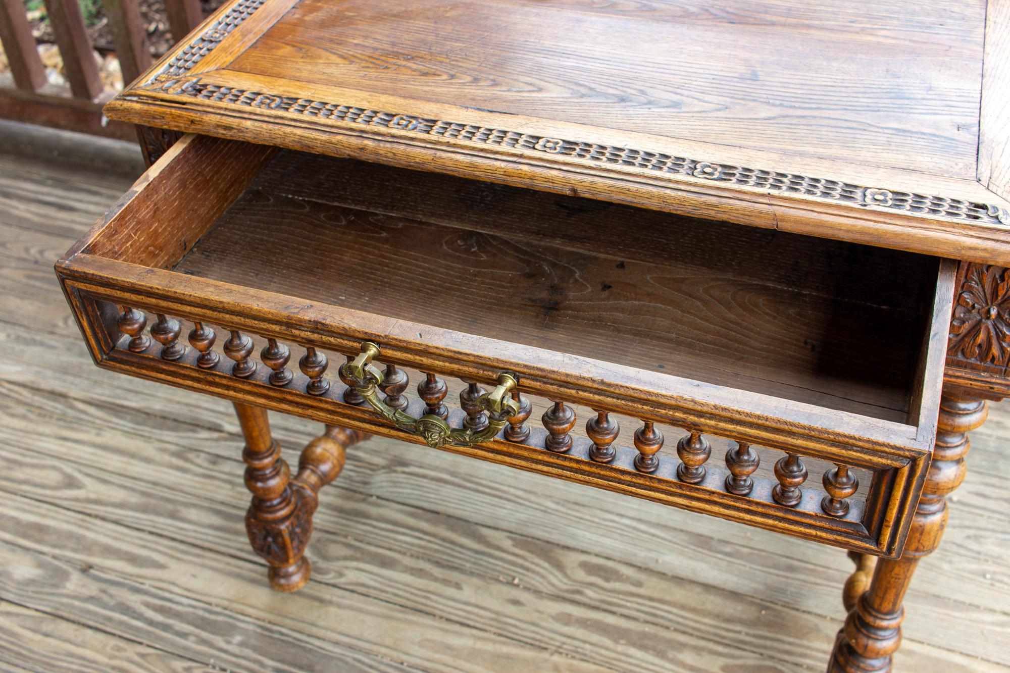 Gothic Revival Antique French Oak Carved Gothic Style Writing Desk with Drawer & Iron Hardware