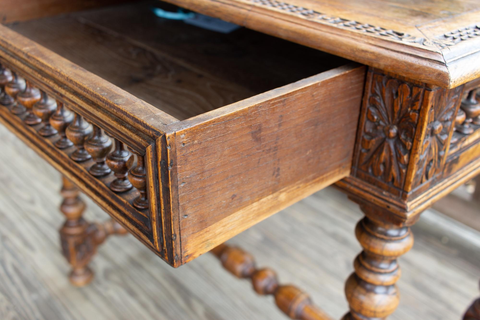 Antique French Oak Carved Gothic Style Writing Desk with Drawer & Iron Hardware In Good Condition In Houston, TX