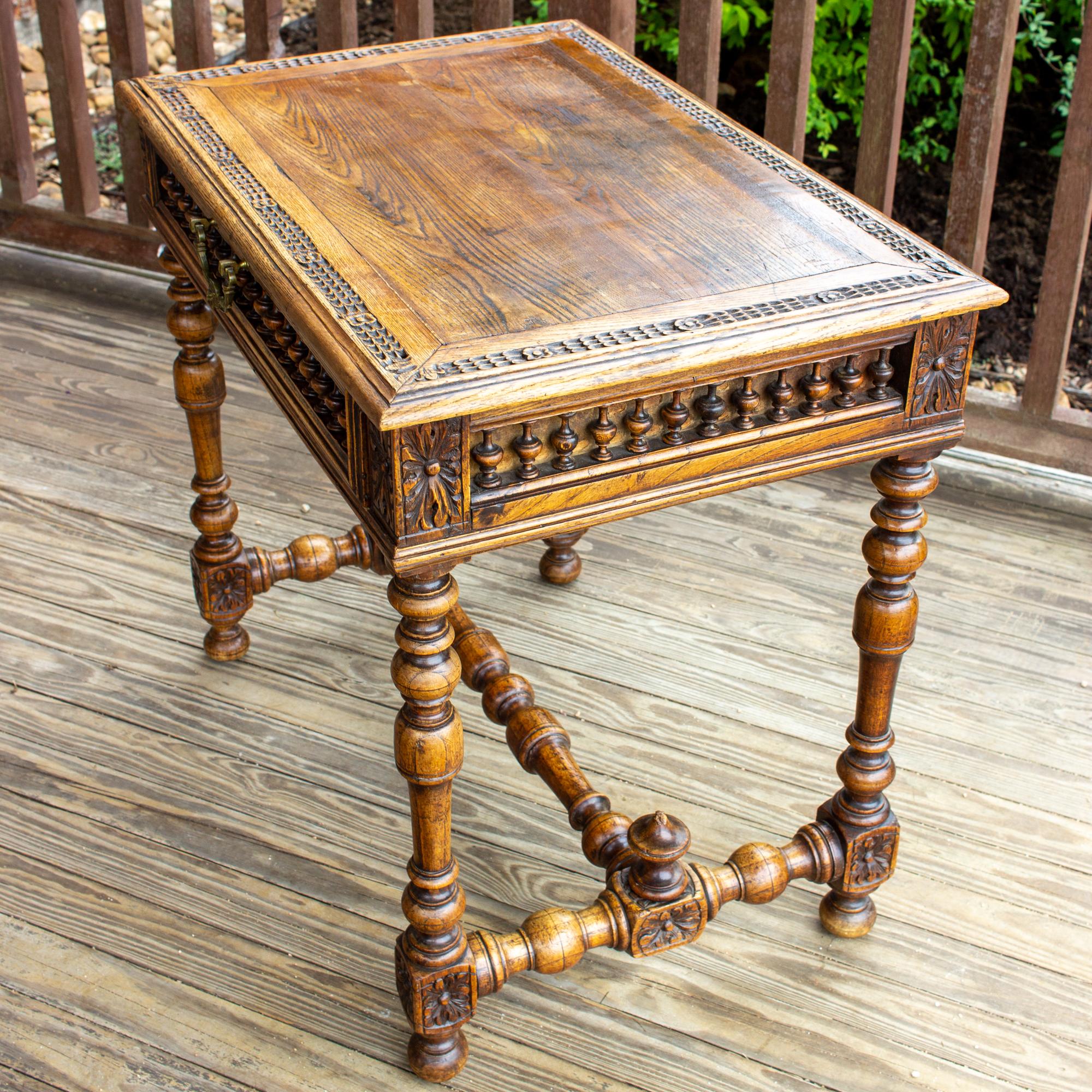 Brass Antique French Oak Carved Gothic Style Writing Desk with Drawer & Iron Hardware