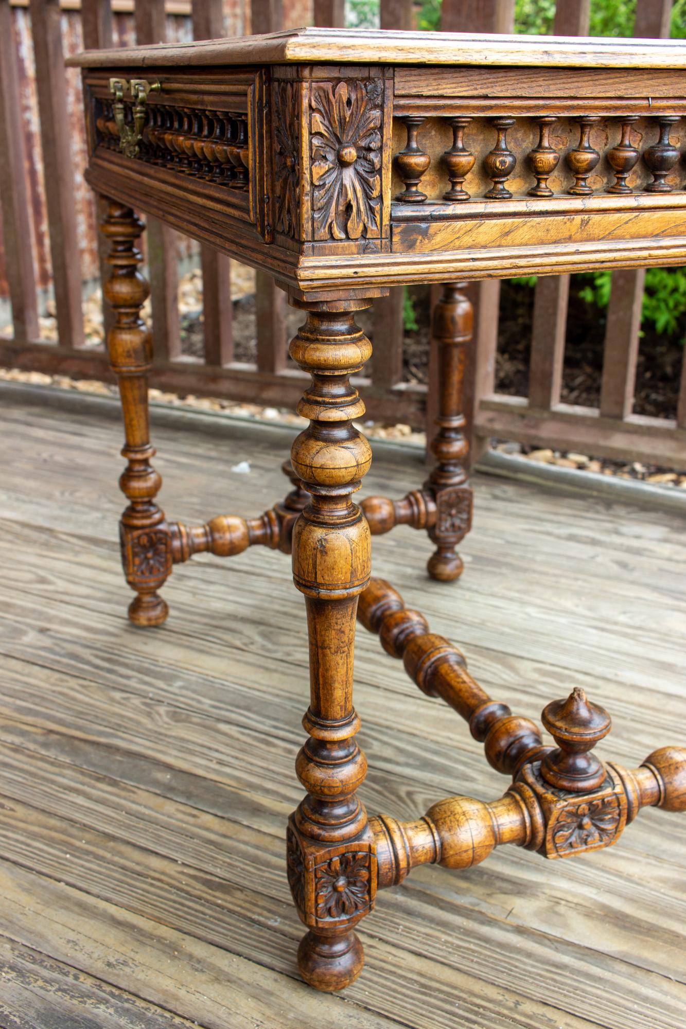 Antique French Oak Carved Gothic Style Writing Desk with Drawer & Iron Hardware 2