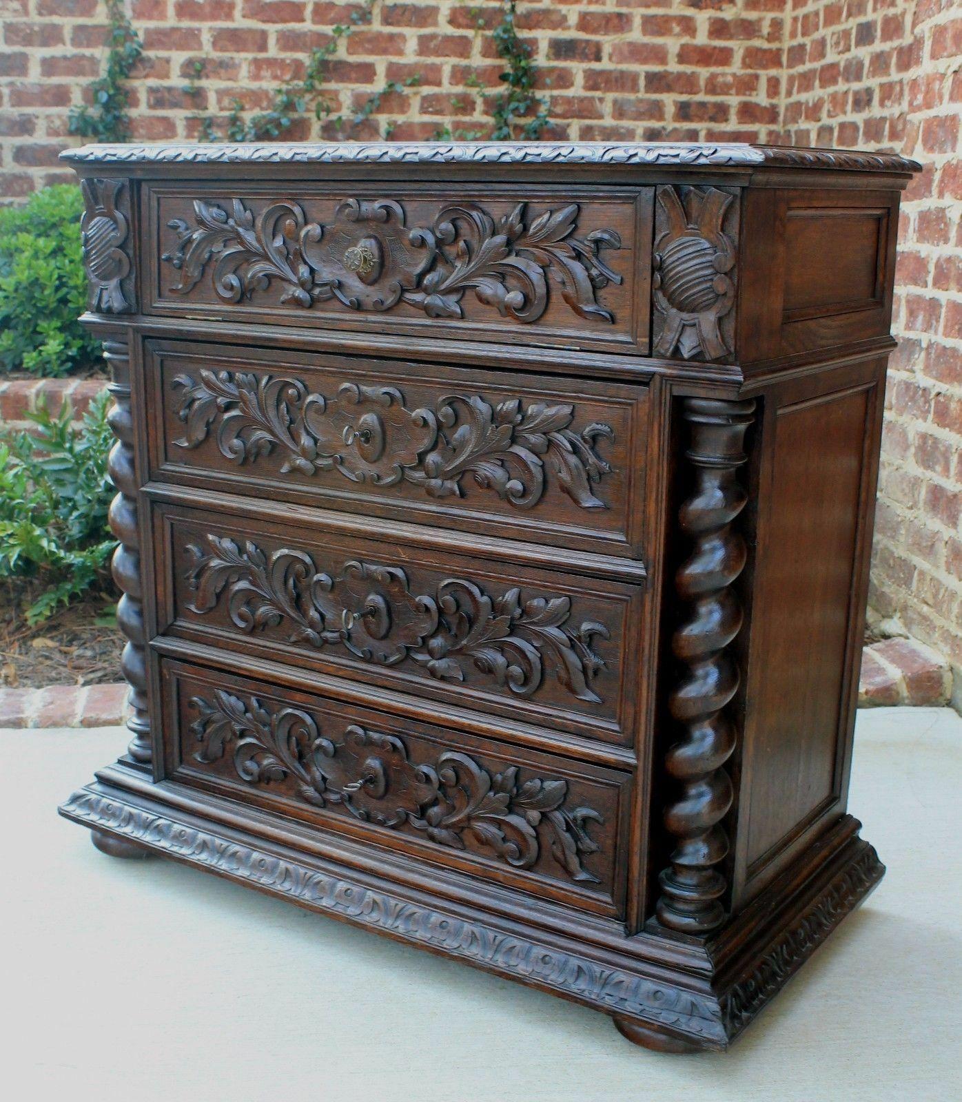 Exquisite antique French oak 19th century renaissance revival barley twist chest of drawers~~c. 1860s
 
This is only one of multiple exquisite pieces recently purchased from a French castle estate. Wonderful hand-carved oak pieces in the highly