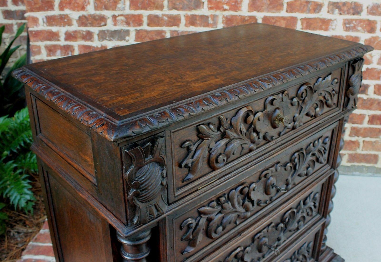 Carved Antique French Oak Chest of Drawers Renaissance Barley Twist Entry Commode