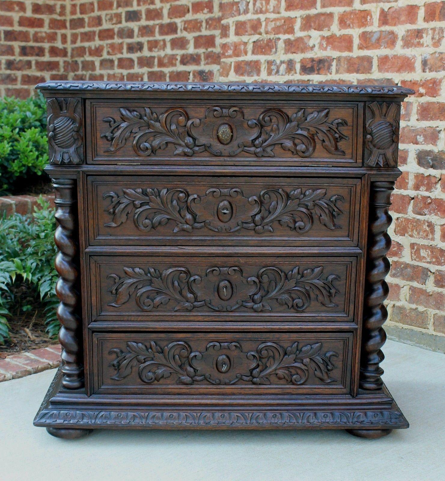 19th Century Antique French Oak Chest of Drawers Renaissance Barley Twist Entry Commode