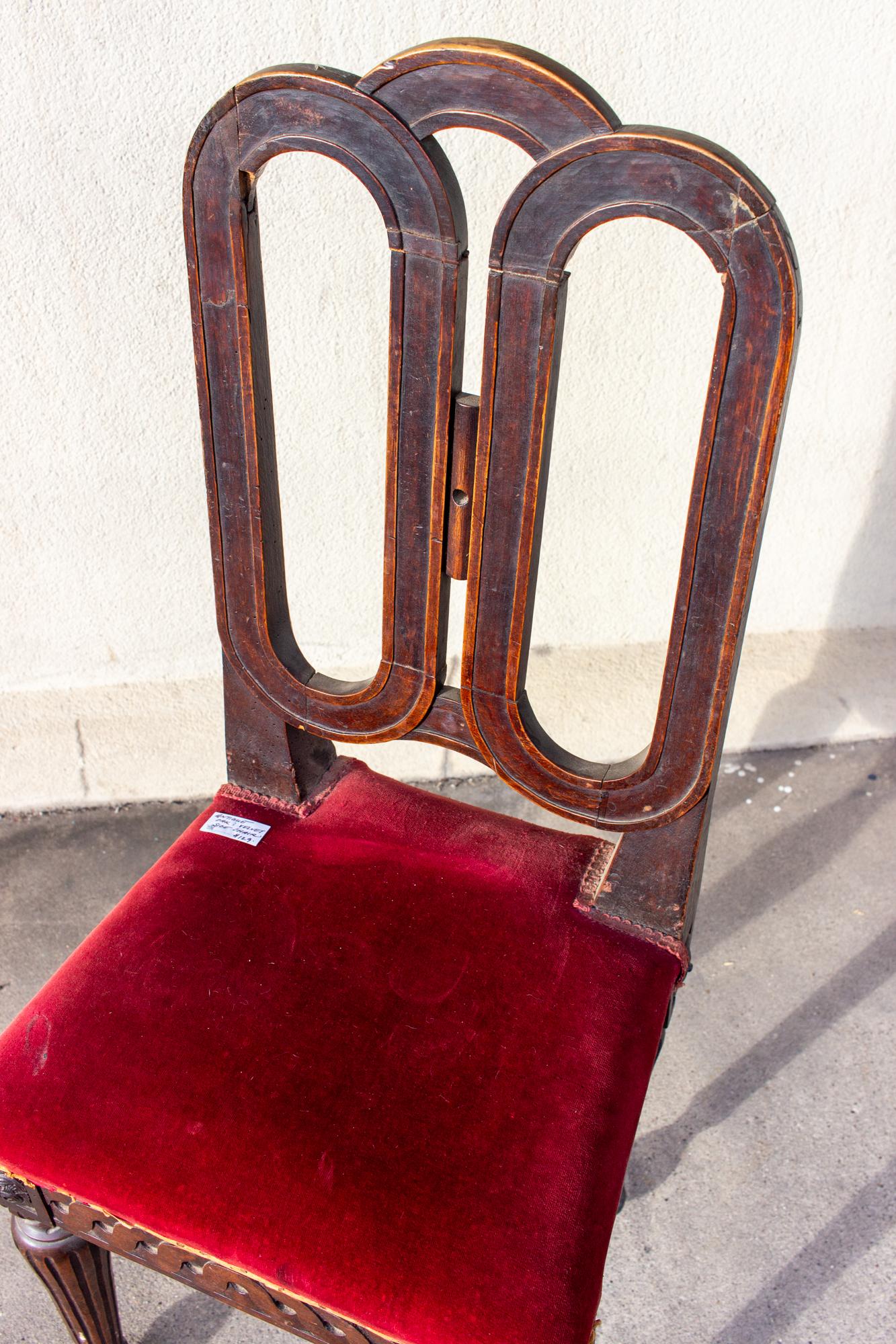 Antique French Oak Dining Chair with Red Velvet Seat 7