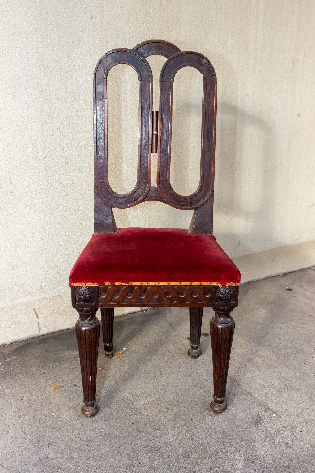 Hand-Carved Antique French Oak Dining Chair with Red Velvet Seat