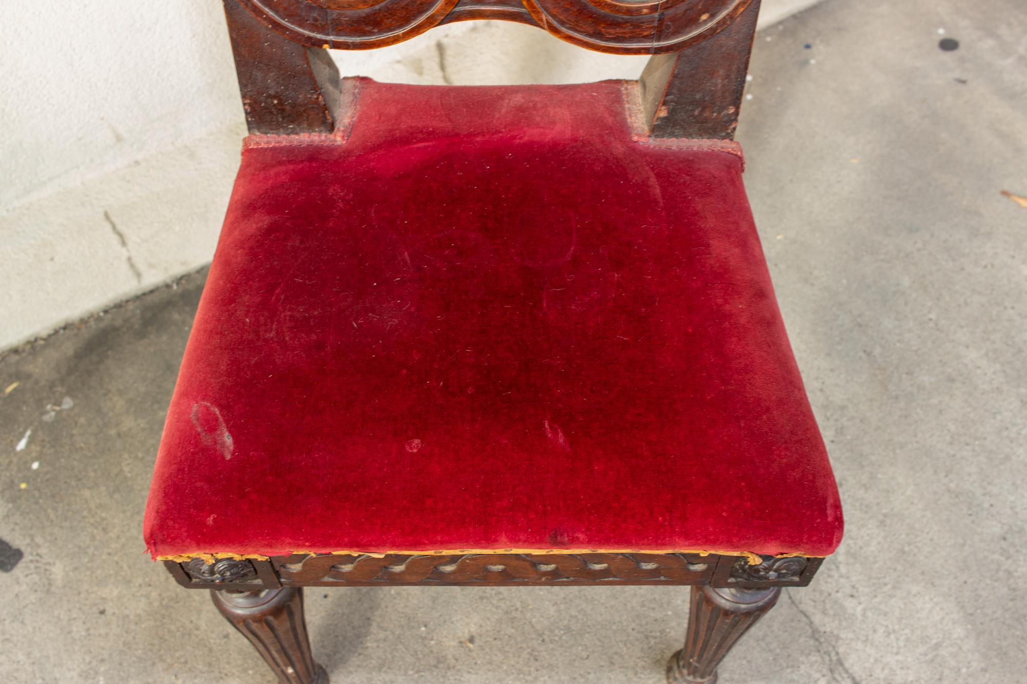 Antique French Oak Dining Chair with Red Velvet Seat In Fair Condition In Houston, TX