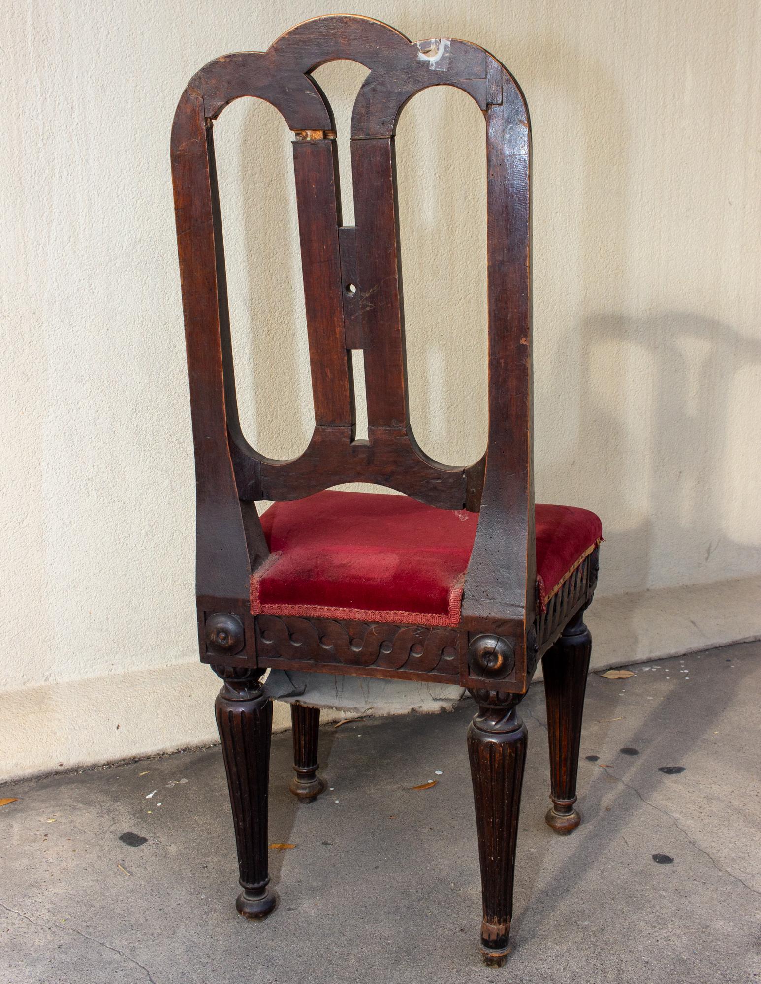 Antique French Oak Dining Chair with Red Velvet Seat 2