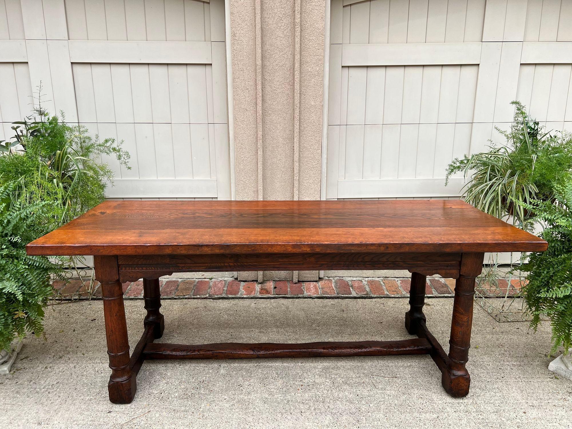 Antique French Oak Dining Farm Bakers Table Conference Office Library Desk c1920.

Direct from France, a gorgeous antique French carved oak dining table or conference/library table in a large 79” (over 6 ft) length!
These long dining tables are one