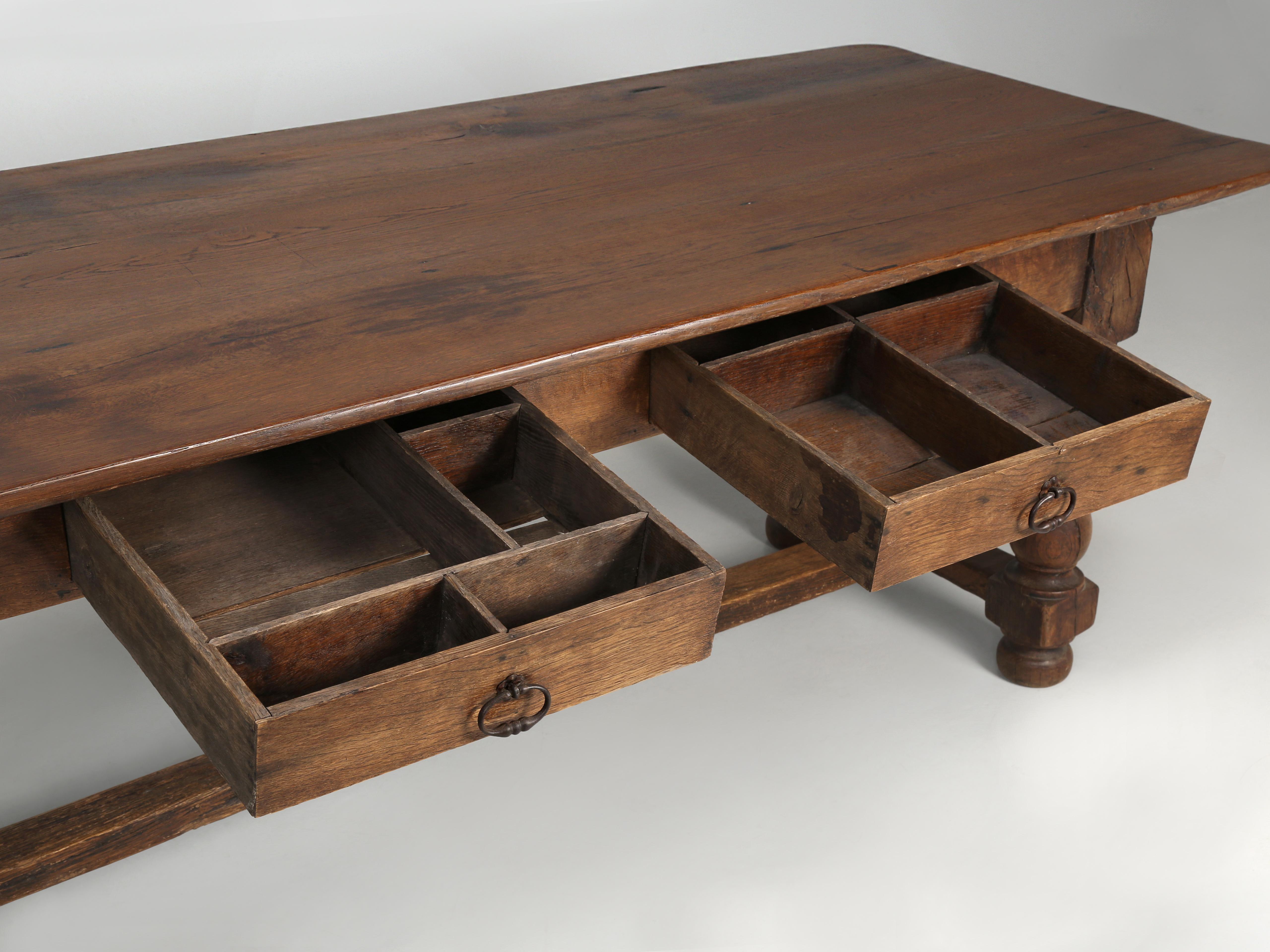 Antique French Oak Dining Table 2-Drawers Unrestored Incredible Patina 1780-1820 In Good Condition For Sale In Chicago, IL