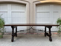 Antique French Oak Dining Table Catalan Trestle 7 ft. Farmhouse Plank Top c1890