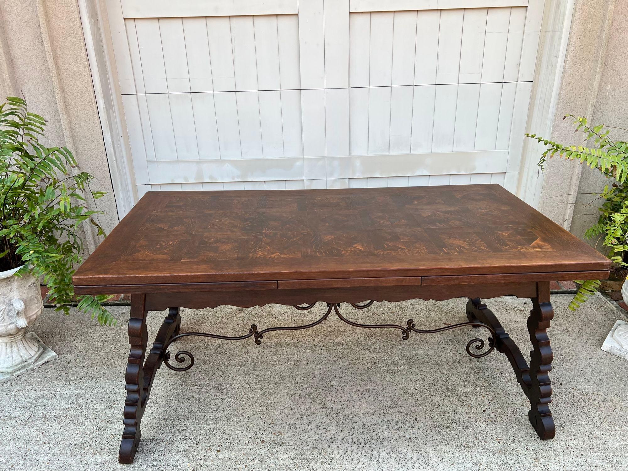 French Provincial Antique French Oak Dining Table Spanish Catalan Trestle 9 FT. Draw Leaf c1910