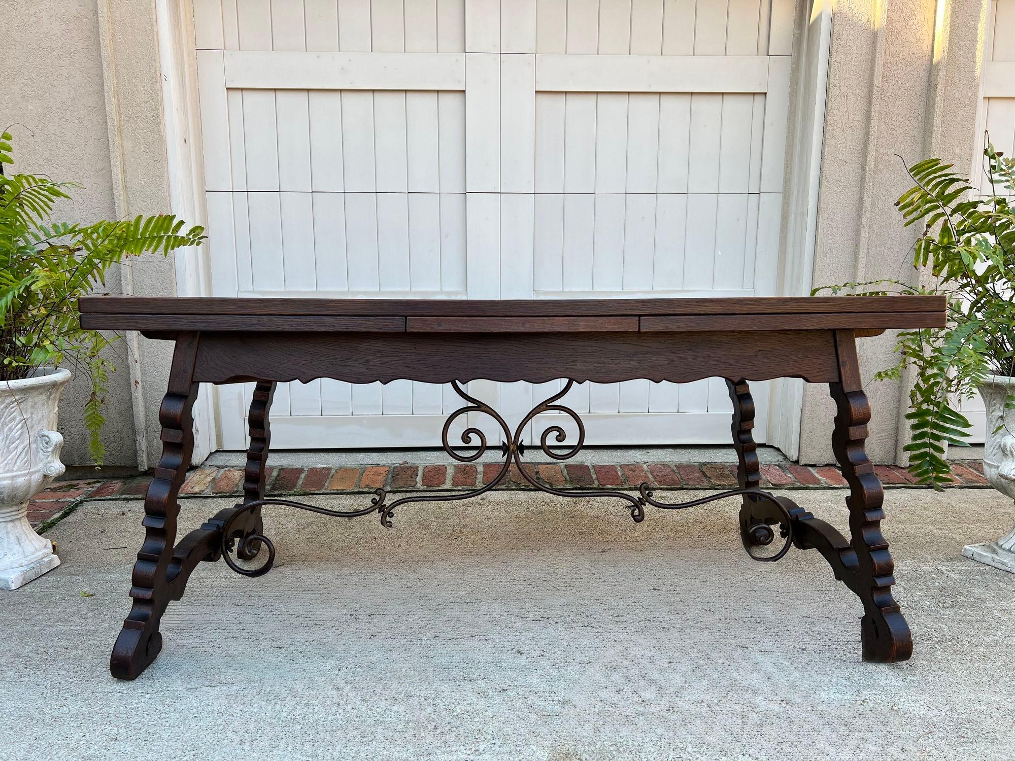 Hand-Carved Antique French Oak Dining Table Spanish Catalan Trestle 9 FT. Draw Leaf c1910