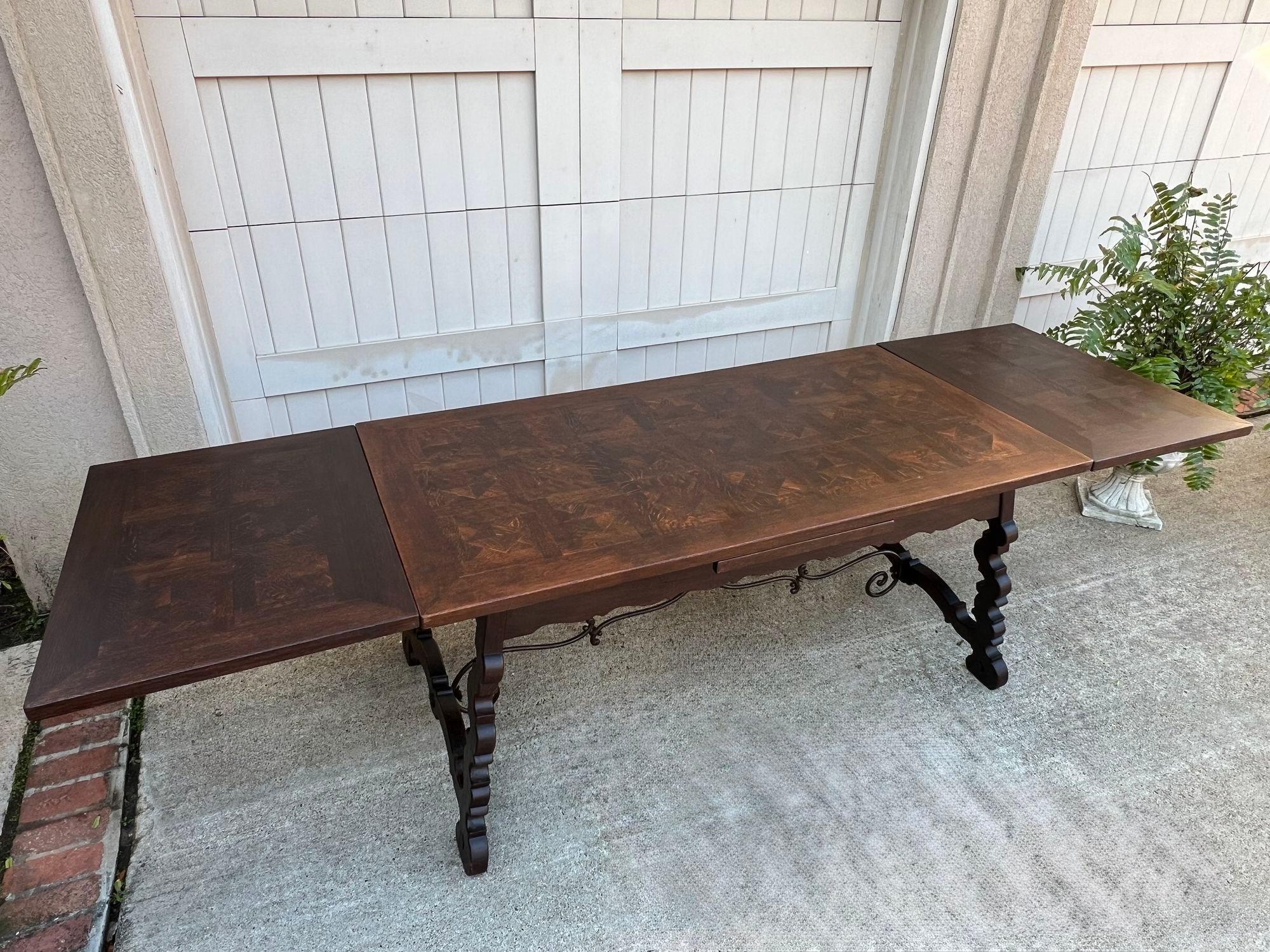 Early 20th Century Antique French Oak Dining Table Spanish Catalan Trestle 9 FT. Draw Leaf c1910
