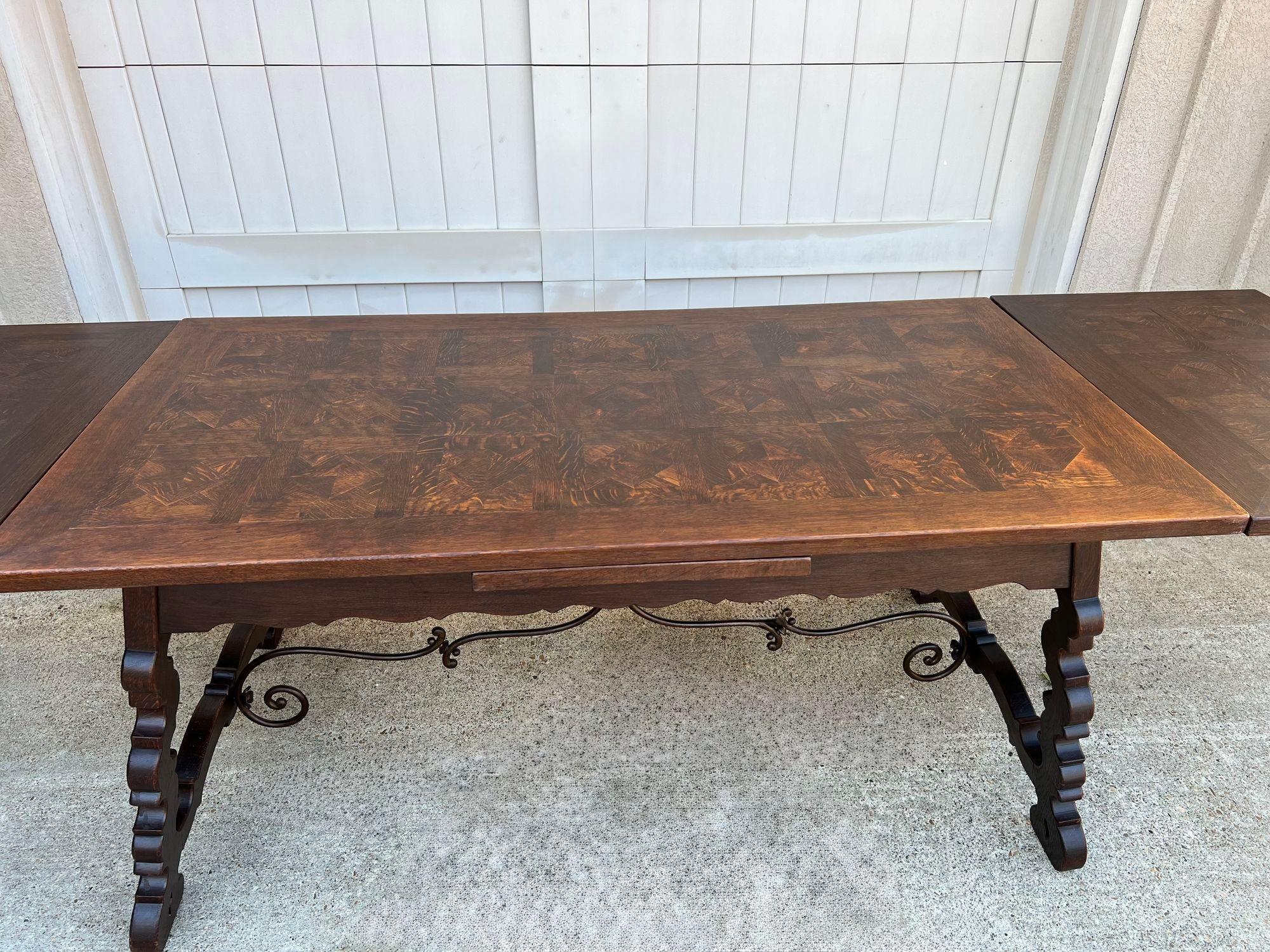 Iron Antique French Oak Dining Table Spanish Catalan Trestle 9 FT. Draw Leaf c1910