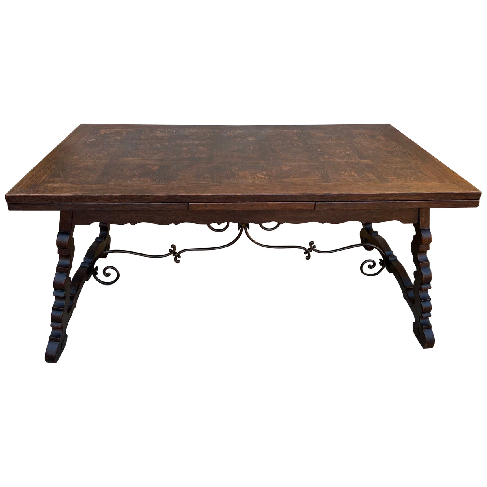 Antique French Oak Dining Table Spanish Catalan Trestle 9 FT. Draw Leaf c1910