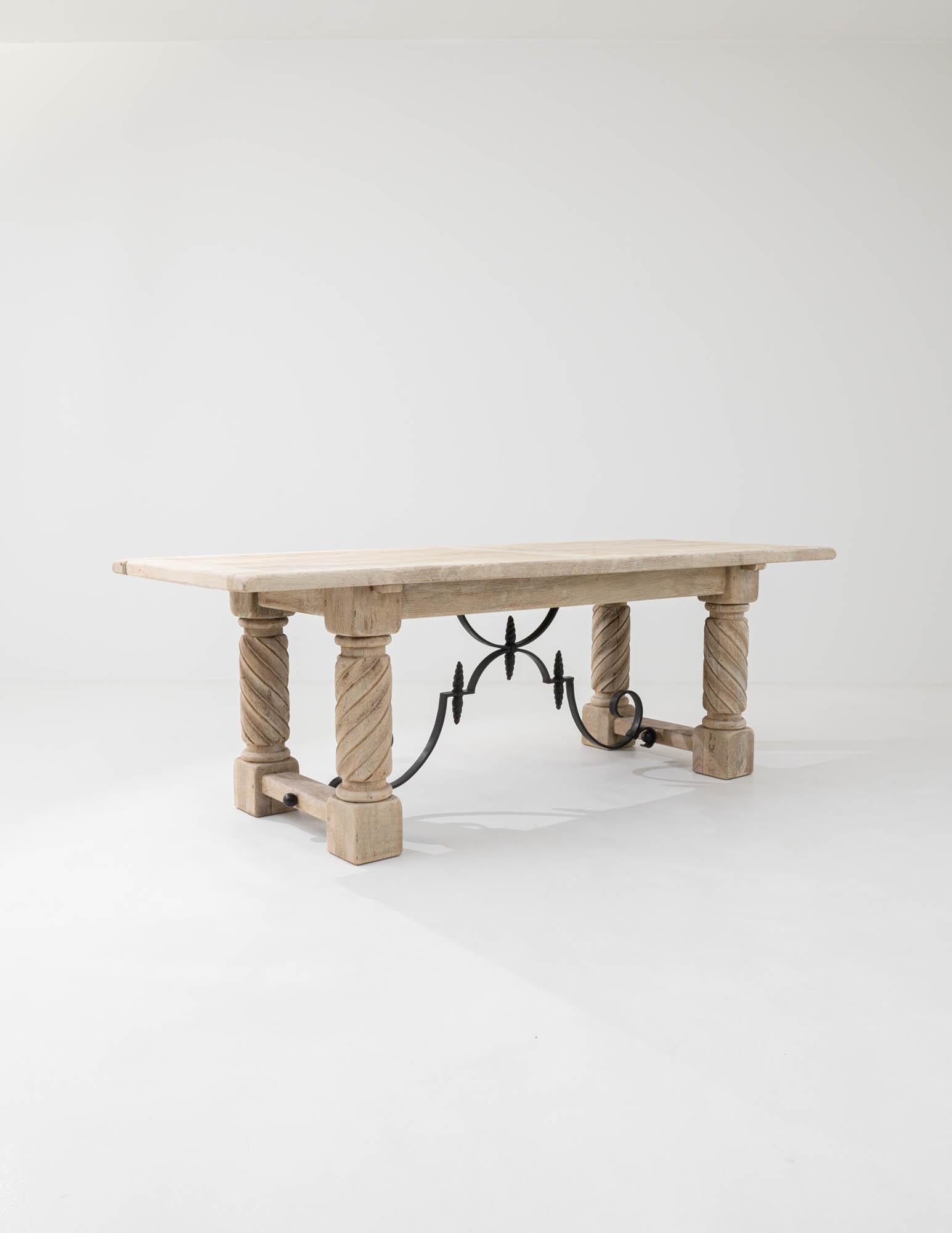 Bleached Antique French Oak Dining Table with Wrought Iron Accents For Sale