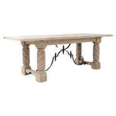 Antique French Oak Dining Table with Wrought Iron Accents