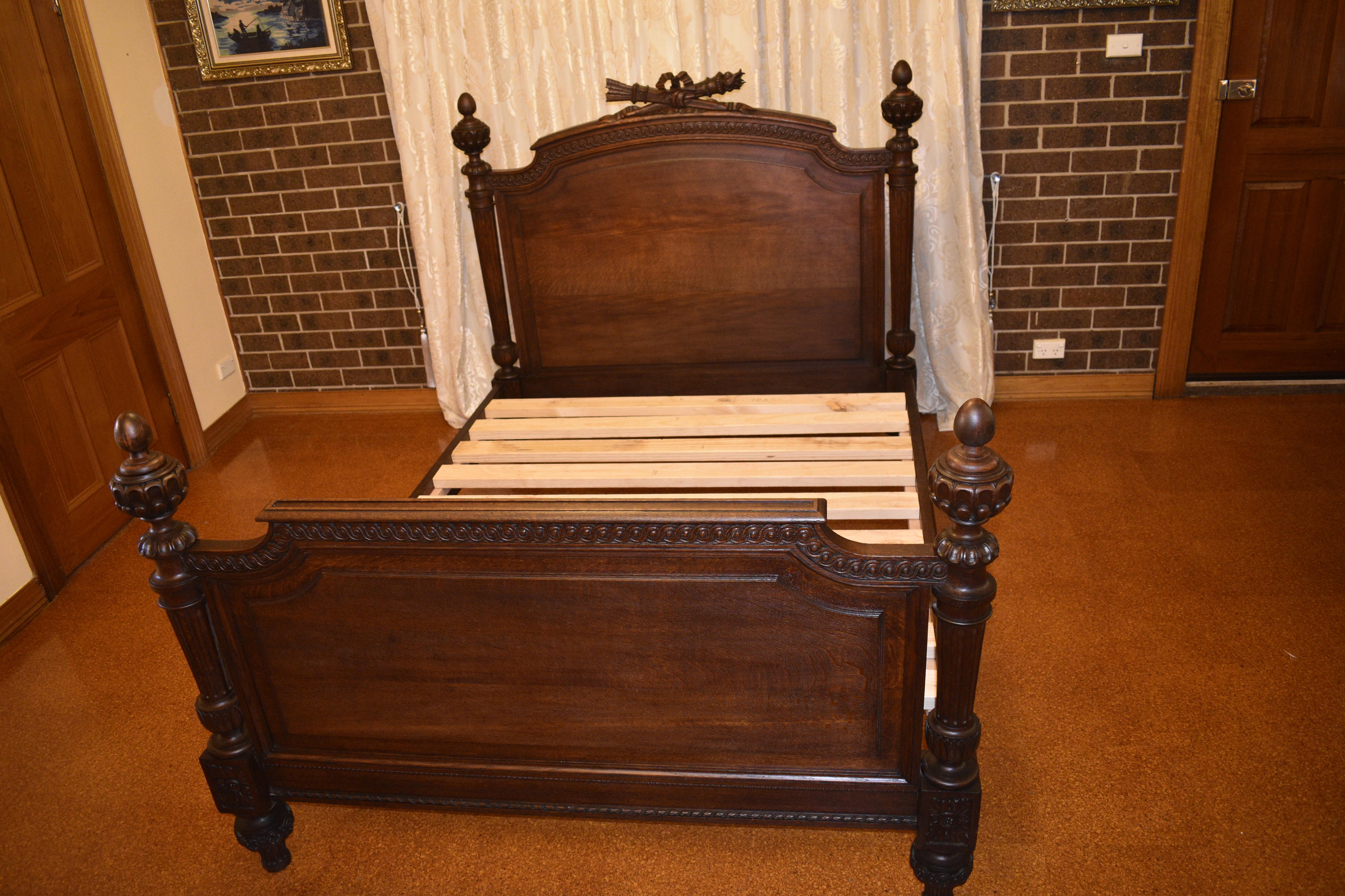 Antique French Oak Double Bed with Headboard, Side Rails and Slats For Sale 1