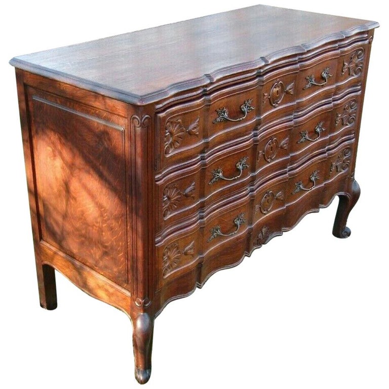 Antique French Oak Dresser Chest of Drawers Carved, 1940s For Sale at