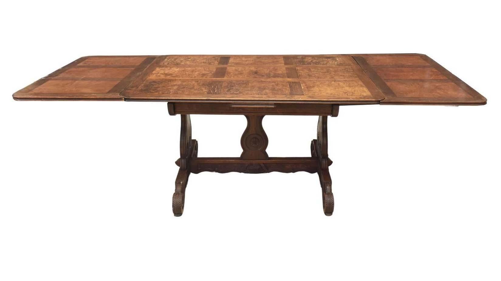French Provincial Antique French Oak & Elm Trestle Base Extension Dining Table For Sale