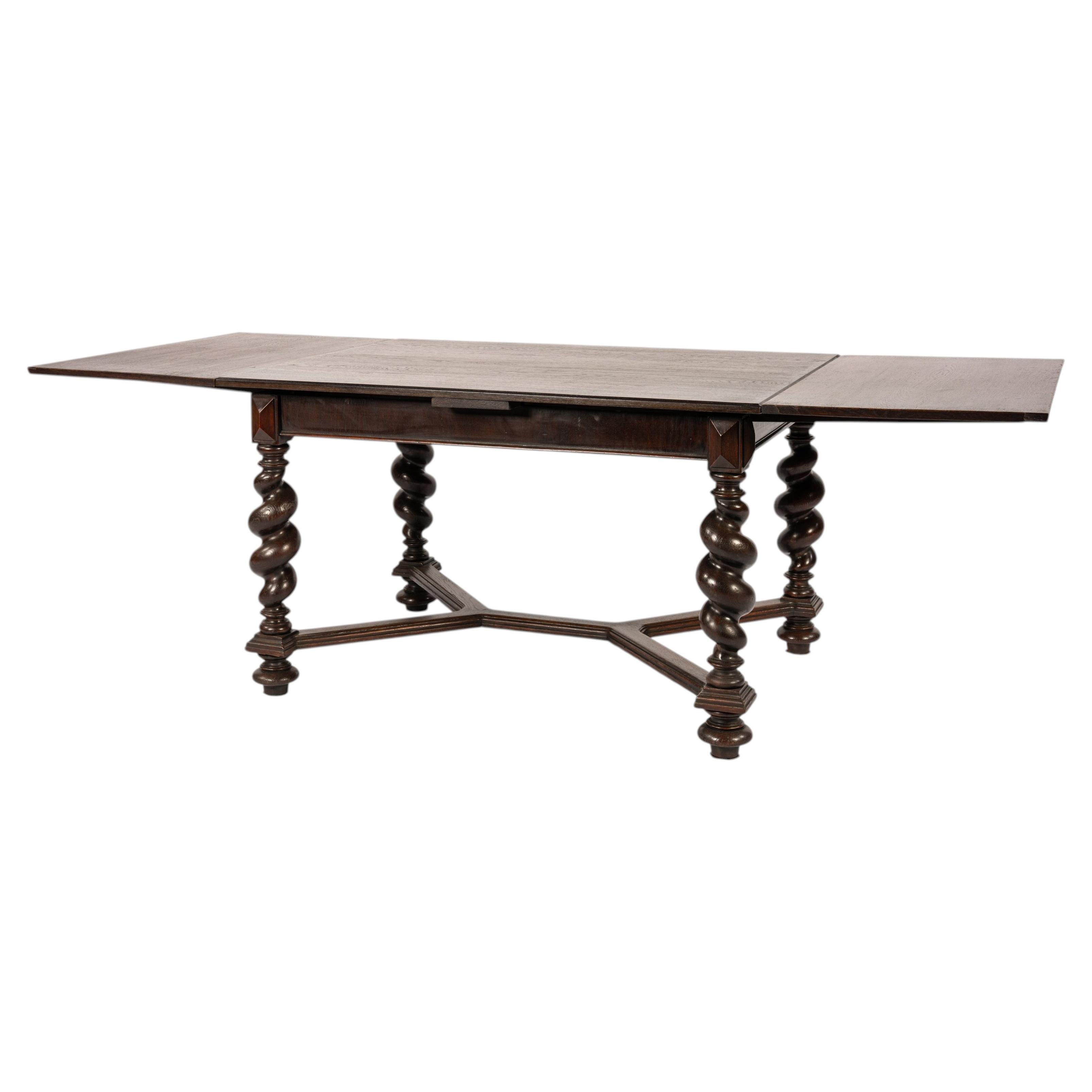 Antique French Oak Extension Table with Barley Twist Legs, Late 19th Century For Sale
