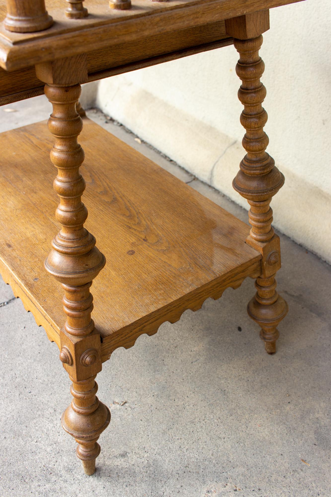 Hand-Carved Antique French Oak Gothic Revival Spindle Leg Table with Drawer For Sale