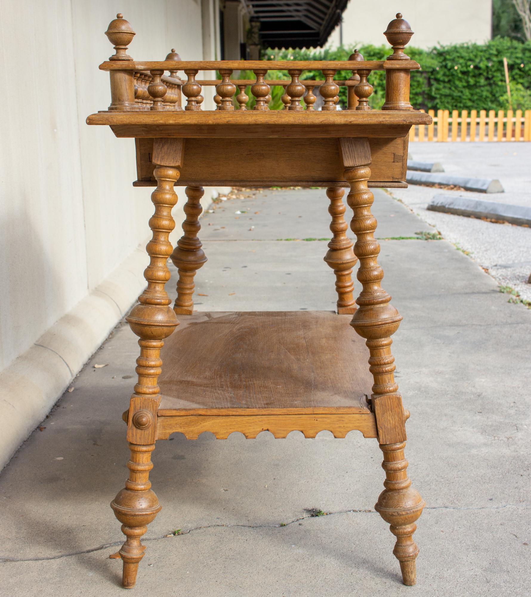19th Century Antique French Oak Gothic Revival Spindle Leg Table with Drawer For Sale
