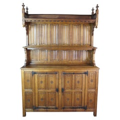 Antique French Gothic Revival Vaisselier Bar Cupboard Sideboard Hutch Linen Fold