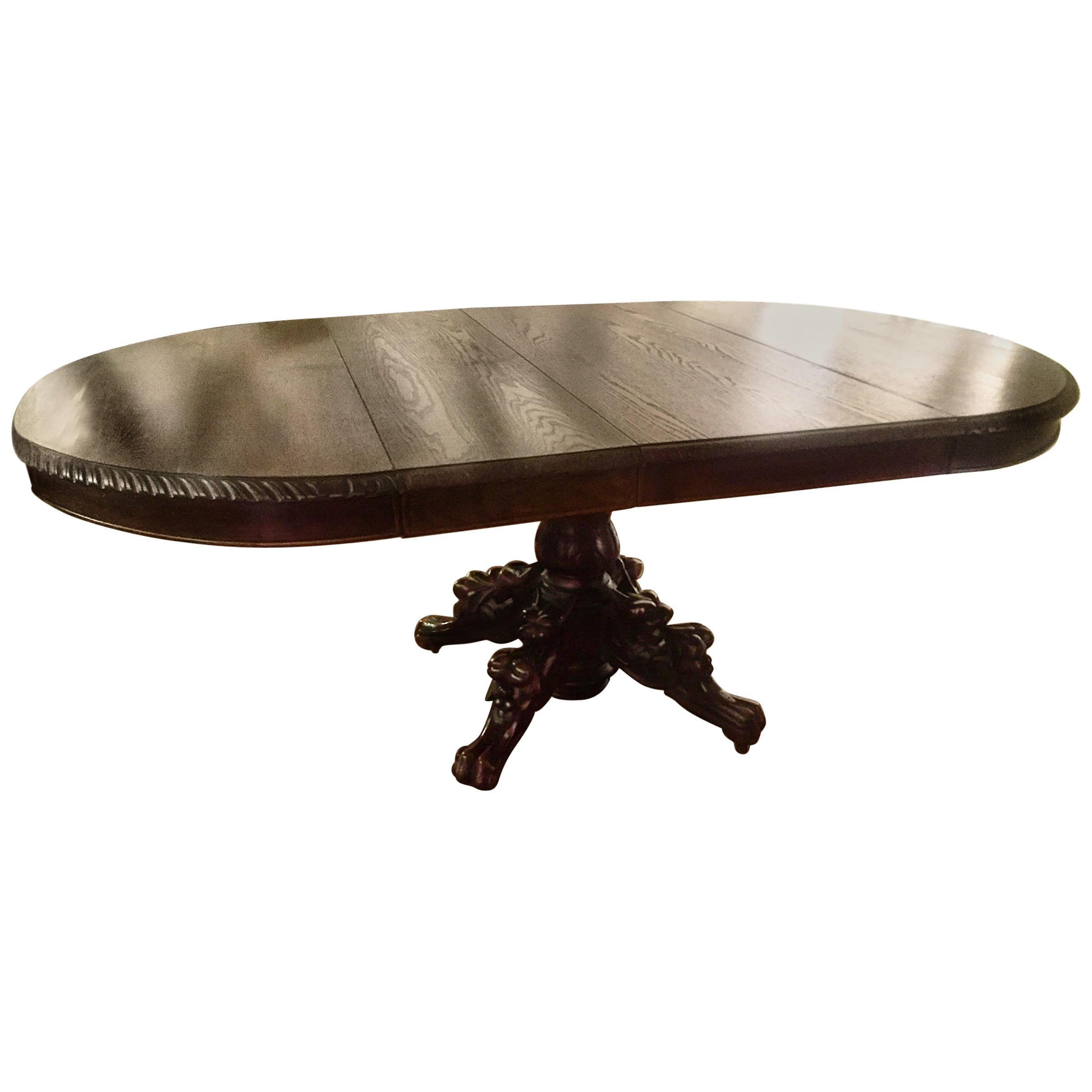 Antique French Oak Hunting Pedestal Dining Table, Extendable, 19th