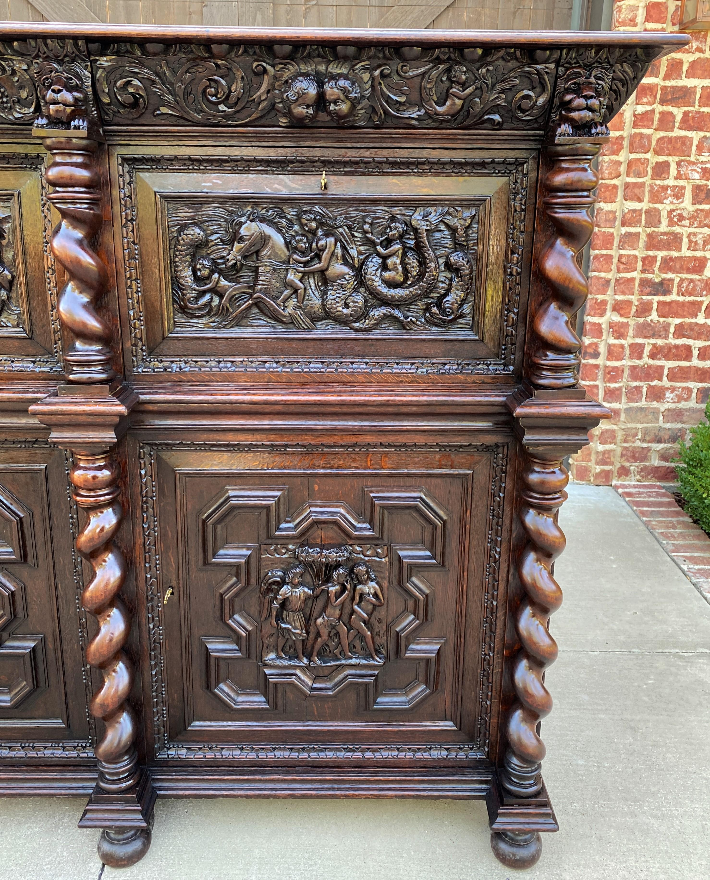 Carved Antique French Oak Liquor Cabinet Bar Sideboard Server Allegorical Barley Twist For Sale