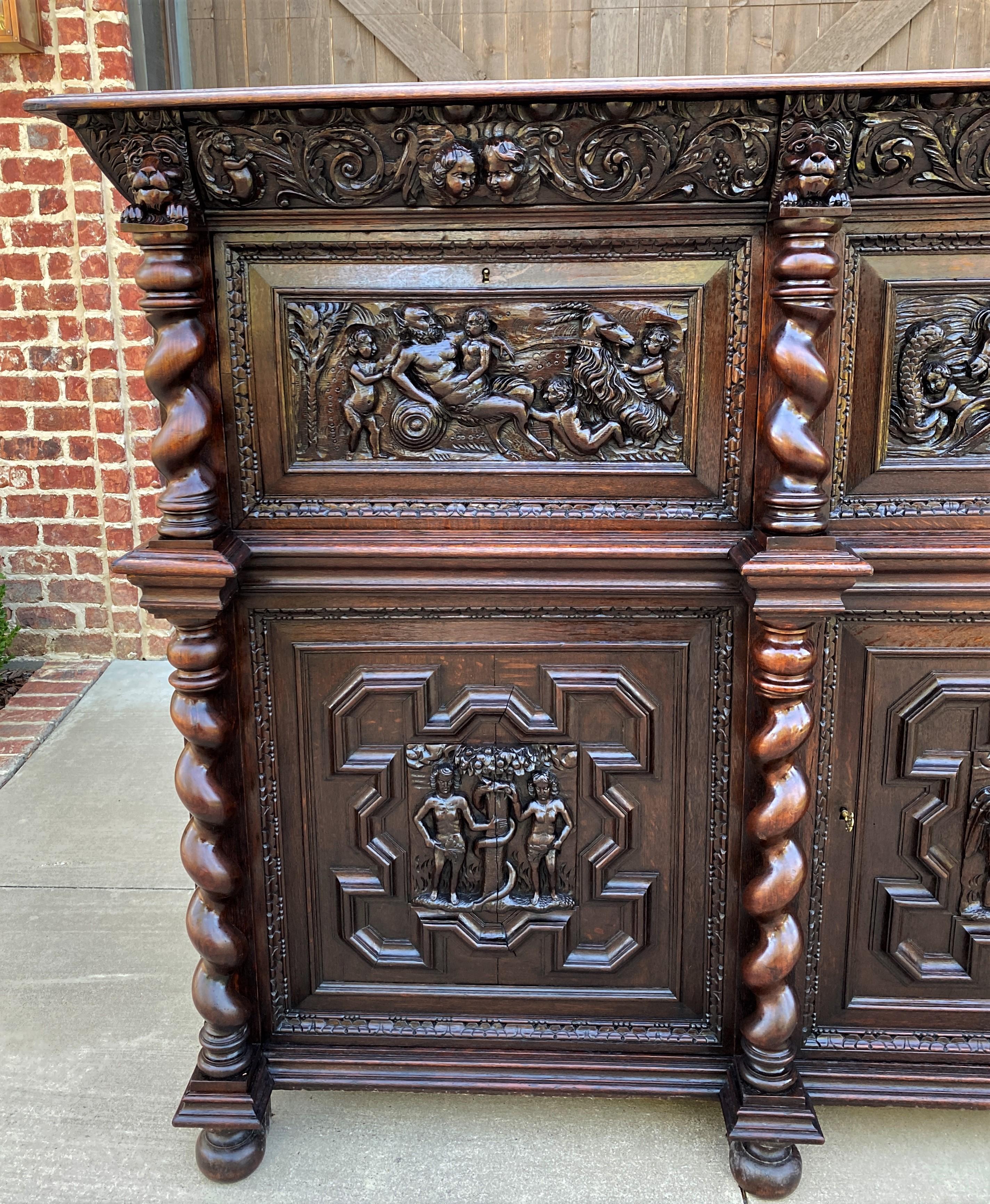 Antique French Oak Liquor Cabinet Bar Sideboard Server Allegorical Barley Twist In Good Condition For Sale In Tyler, TX