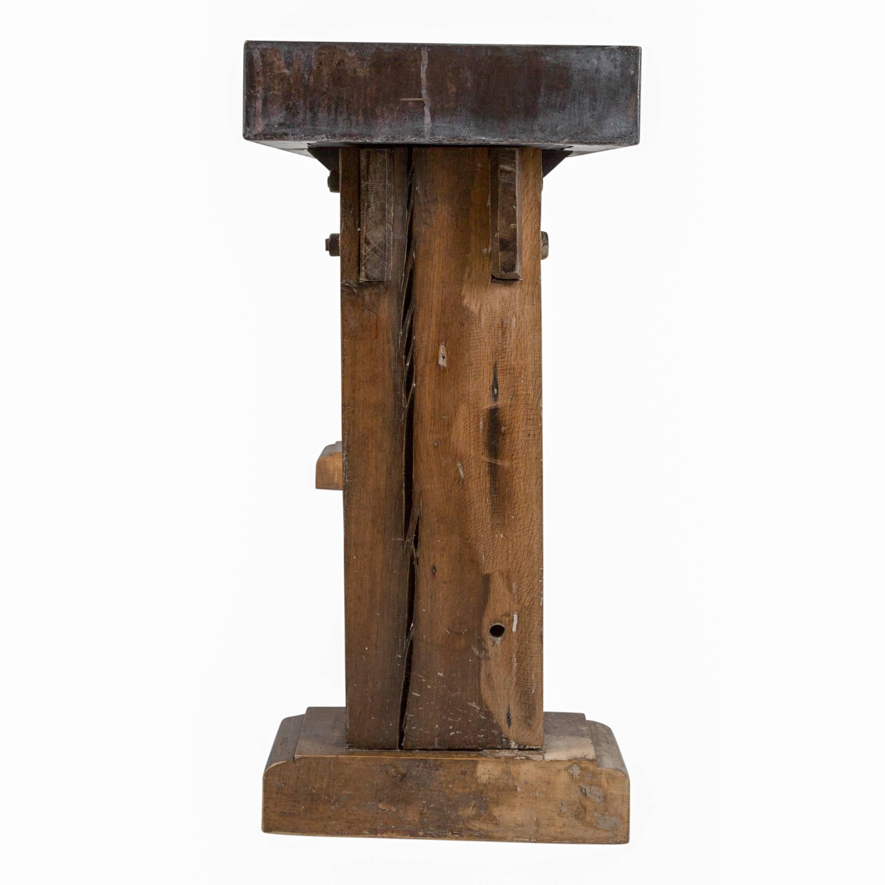 Antique French Oak Machine Mount with Zinc Top In Distressed Condition In Dallas, TX