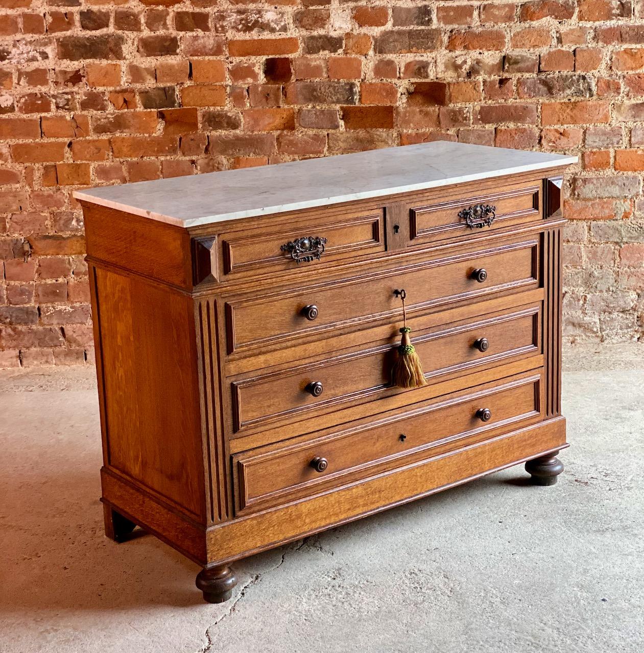 Antique French oak marble commode chest of drawers, France, circa 1890

A fabulous antique French Napoleon III oak marble topped commode chest of drawers, circa 1890, this chest dates to the late 19th century from the French Parisian Napoleon III