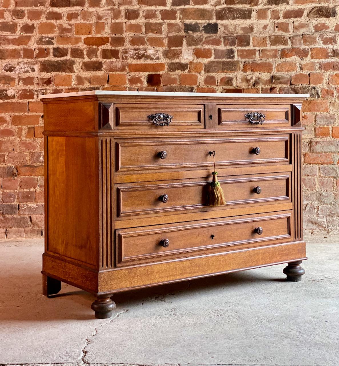 Napoleon III Antique French Oak Marble Commode Chest of Drawers, France, circa 1890