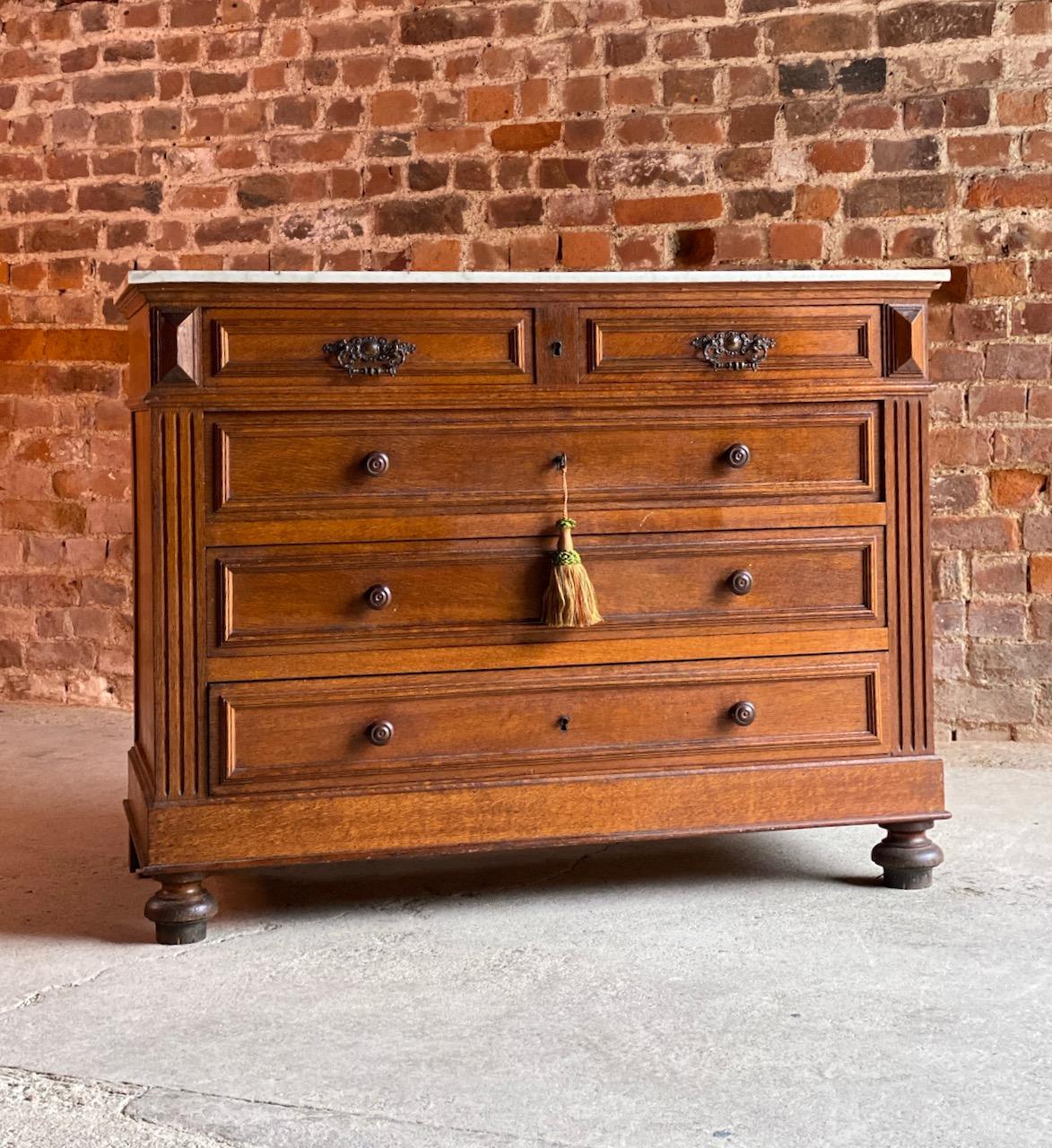 Late 19th Century Antique French Oak Marble Commode Chest of Drawers, France, circa 1890