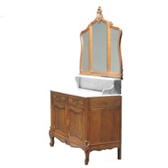 Antique French Oak & Marble Dressing Table with Tri-Fold Mirror, Circa 1890