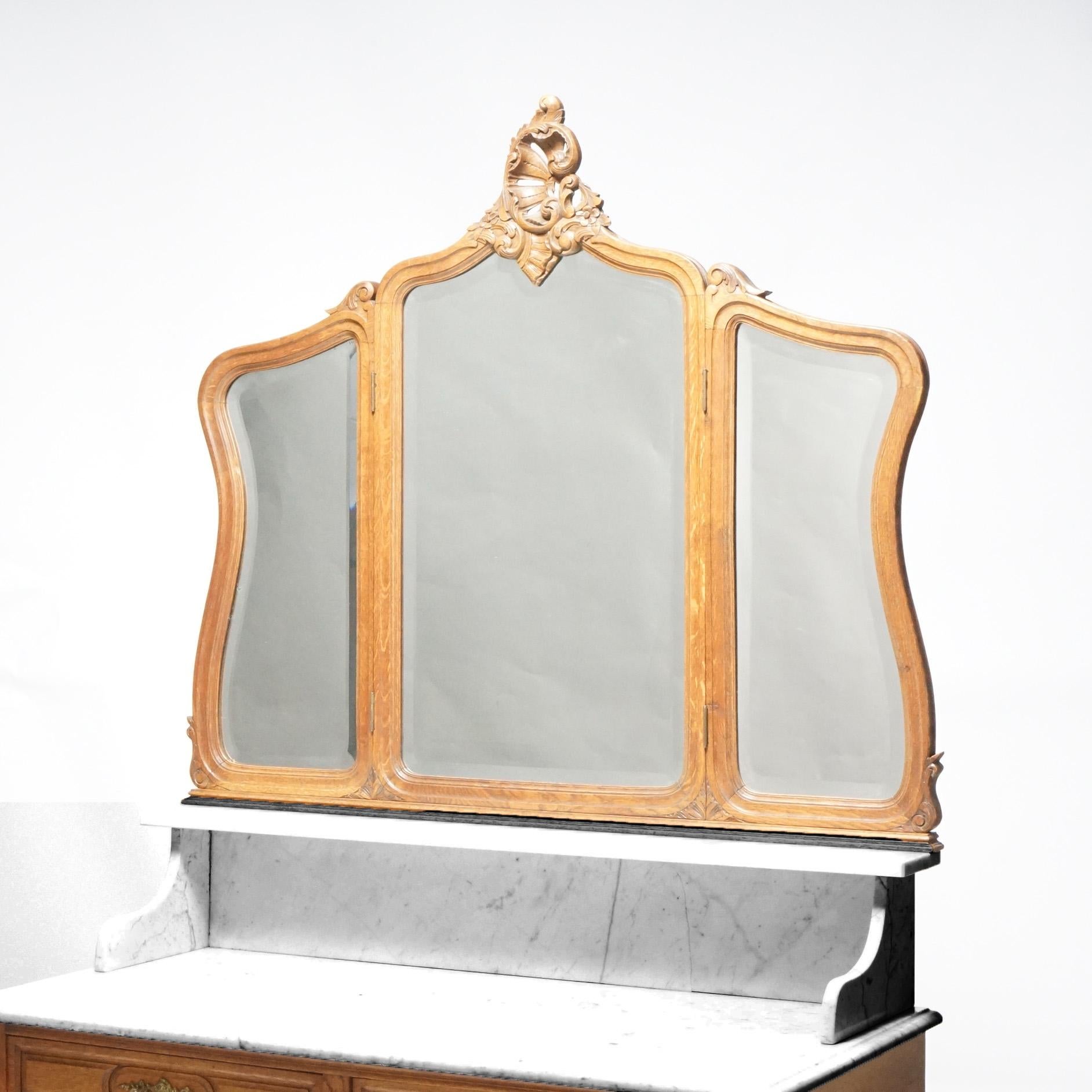 Rococo Antique French Oak & Marble Dressing Table with Tri-Fold Mirror, Circa 1890 For Sale