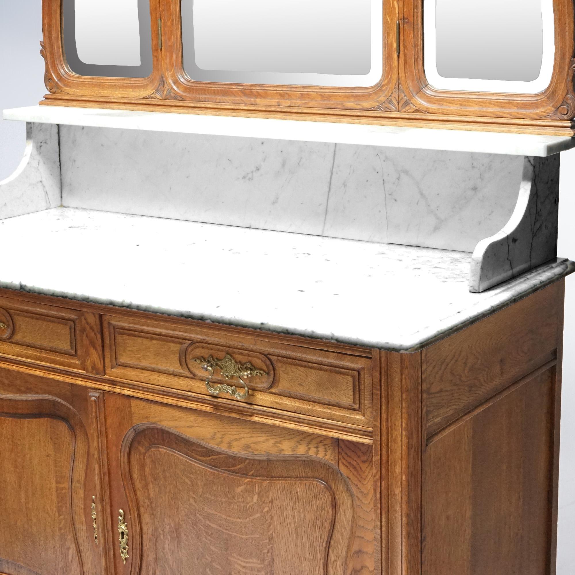 Antique French Oak & Marble Dressing Table with Tri-Fold Mirror, Circa 1890 In Good Condition For Sale In Big Flats, NY